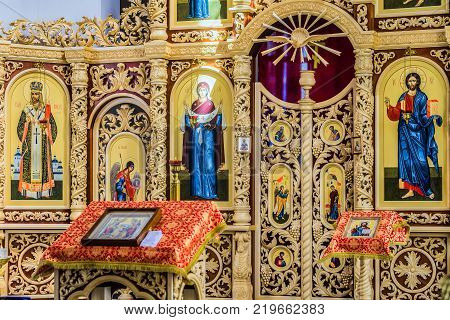 Belgorod Russia - May 20 2017: Iconostasis and altar of Russian Orthodox cathedral's hall in honor of con of Mother of God 