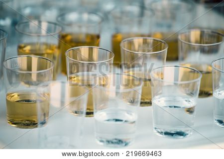 Shots lined up on plastic tray background. Glasses with alcohol drink closeup. Selective focus.