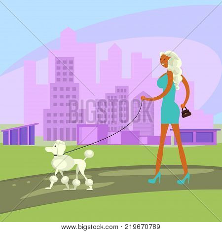 Dog and owner look alike. People with pets walking in City Park in Background. Vector illustration eps 10
