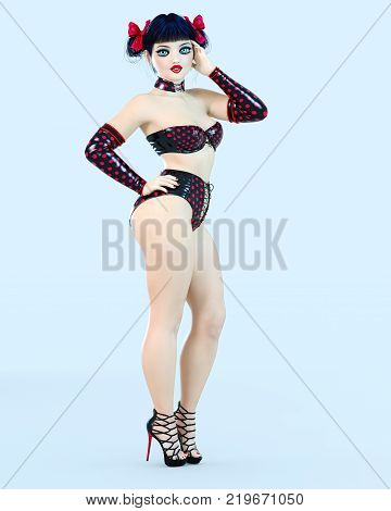 3D sexy girl doll big blue eyes and bright makeup. Woman retro style black and red shorts. High heel. Bow dark hair. Conceptual fashion art. Seductive candid pose. Realistic render illustration.