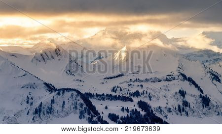 Early Morning At The Chlushuette In The Swiss Alps. Sunrise Over The Eiger, Jungfrau And Mönch Mount