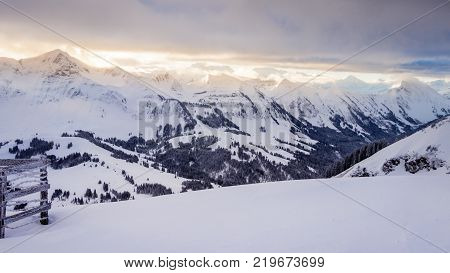 Early Morning At The Chlushuette In The Swiss Alps. Sunrise Over The Eiger, Jungfrau And Mönch Mount