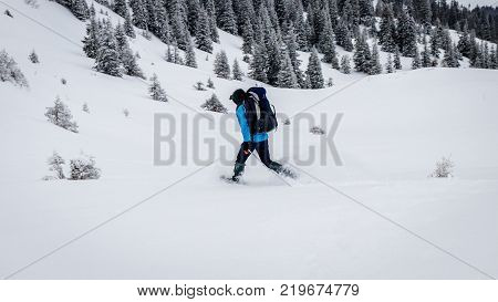 A snowshoe is footwear for walking over snow. Snowshoes work by distributing the weight of the person over a larger area so that the person's foot does not sink completely into the snow