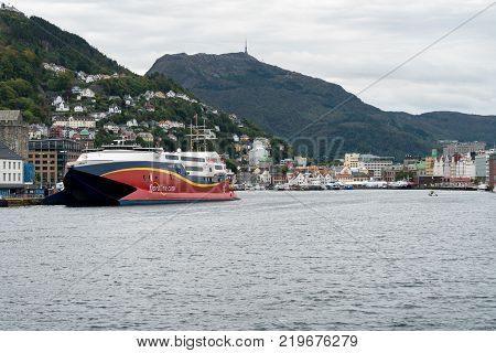 BERGEN, NORWAY - 22 SEPTEMBER, 2017: Fjordline large passenger ferry docked in Bergen harbor