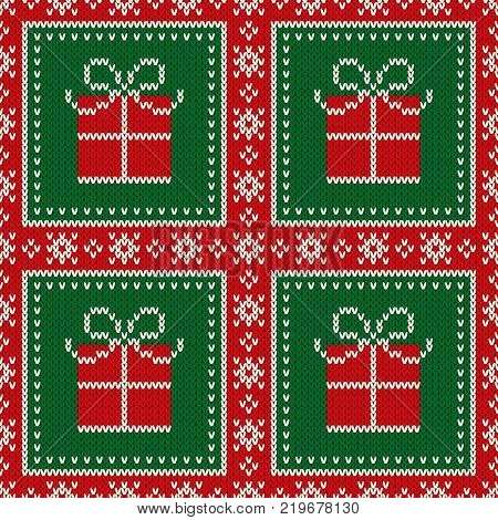 Christmas Holiday Seamless Knitted Pattern with Present Box. Scheme for Knitted Wool Sweater Pattern Design or Cross Stitch Embroidery.