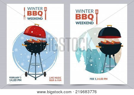 Winter BBQ party a4 invitation template. Barbecue weekend flyer. Grill illustration on snowy backdrop. Cartoon design for menu, poster, announcement. Vector eps 10.