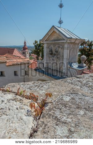 Ptuj / Slovenia - August 17, 2017: Wall of the castle of Ptuj on the Drava river