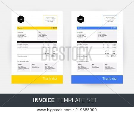 Invoice design template for business / company in yellow and blue color - vector document