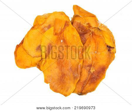 Unsweetened and unsulfured organic dried mango isolated on white background