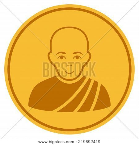 Buddhist Monk golden coin icon. Vector style is a gold yellow flat coin symbol.