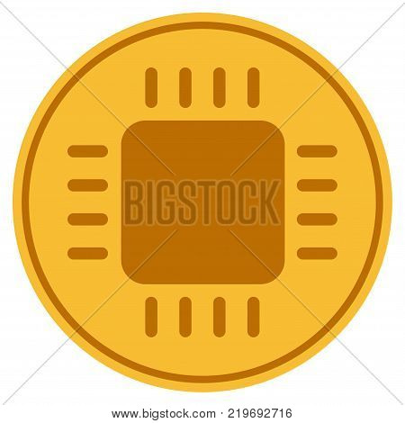 Cpu Chip golden coin icon. Vector style is a gold yellow flat coin symbol.