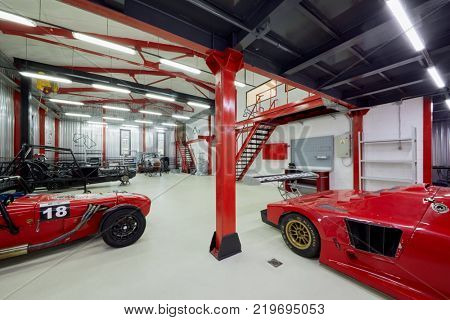 MOSCOW, RUSSIA - OCT 27, 2017: (PR) Racing cars based on Lotus Seven in garage of DB 527 company producer of russian sports cars.