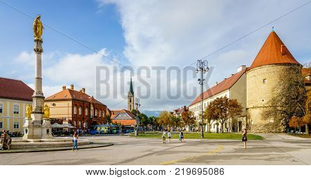 Zagreb, Croatia, September 1, 2017: Kaptol Street and Holy Mary Monument in the city center of Zagreb, Croatia