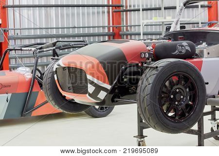 MOSCOW, RUSSIA - OCT 27, 2017: (PR) Racing cars ShortCuts  based on the legendary Lotus Seven on wheeled rack in garage of DB 527 company producer of russian sports cars.
