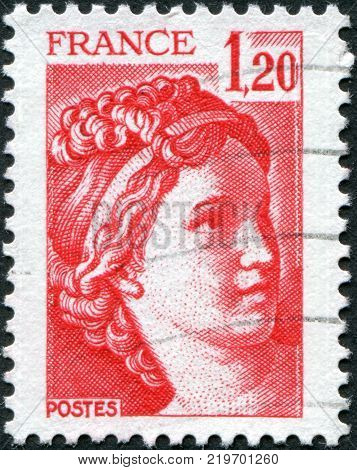 FRANCE - CIRCA 1977: A stamp printed in France depicts Sabine fragment by Jacques-Louis David circa 1977