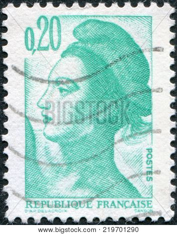 FRANCE - CIRCA 1982: A stamp printed in France depicts Liberty Leading the People a fragment by Eugene Delacroix circa 1982