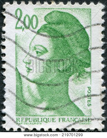 FRANCE - CIRCA 1982: A stamp printed in France depicts Liberty Leading the People a fragment by Eugene Delacroix circa 1982
