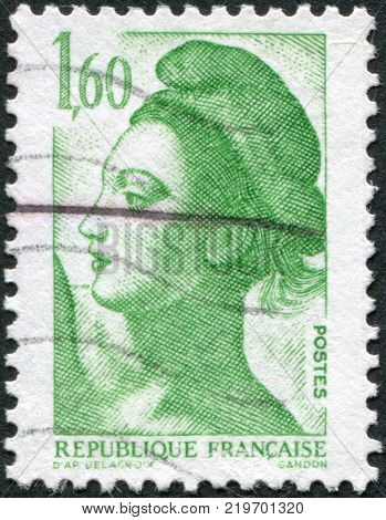FRANCE - CIRCA 1982: A stamp printed in France depicts Liberty Leading the People a fragment by Eugene Delacroix circa 1982