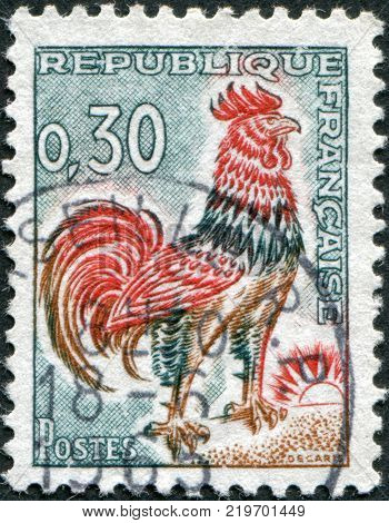 FRANCE - CIRCA 1962: A stamp printed in France shows a Gallic Cock circa 1962
