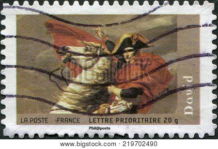 FRANCE - CIRCA 2008: A stamp printed in France (not state postal company La Poste) shows Napoleon at the Saint-Bernard Pass (fragment) by David circa 2008