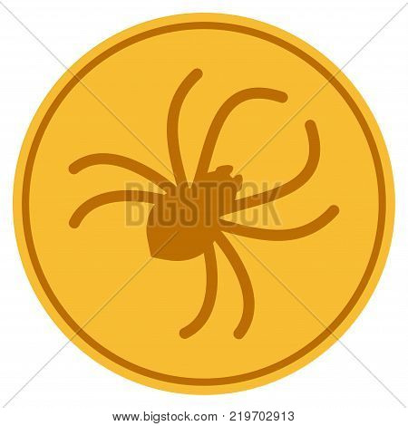 Parasite Spider golden coin icon. Vector style is a gold yellow flat coin symbol.