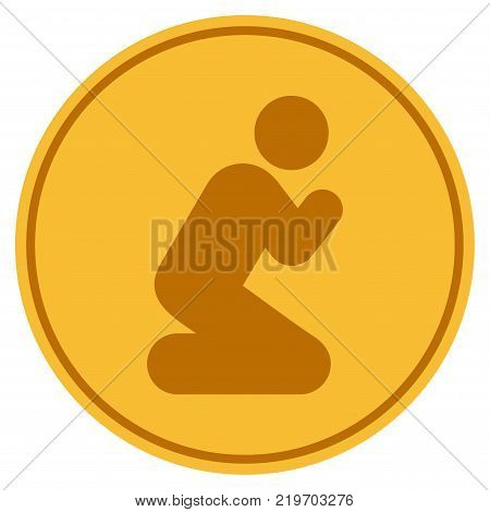 Pray Pose golden coin icon. Vector style is a gold yellow flat coin symbol.
