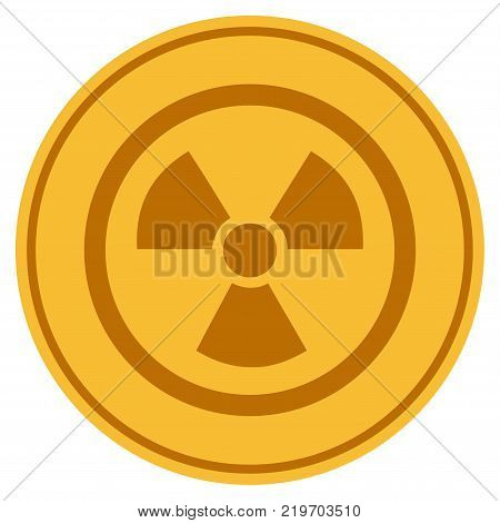 Radioactive golden coin icon. Vector style is a gold yellow flat coin symbol.
