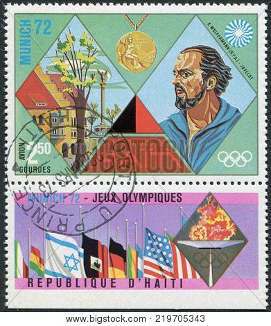 HAITI - CIRCA 1973: A stamp printed in Haiti shows Olympic Gold Medallist in 1972 in Munich Klaus Wolfermann circa 1973