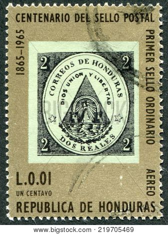 HONDURAS - CIRCA 1966: A stamp printed in the Honduras is devoted to 100 anniversary of a postage stamp in Honduras circa 1966