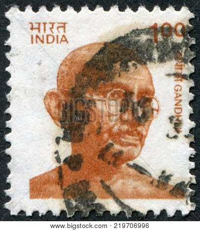 INDIA - CIRCA 1991: A stamp printed in India depicted Mohandas Karamchand Gandhi circa 1991