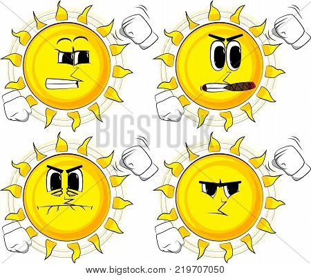 Cartoon sun threatening someone shakes his fist at viewer. Collection with angry faces. Expressions vector set.
