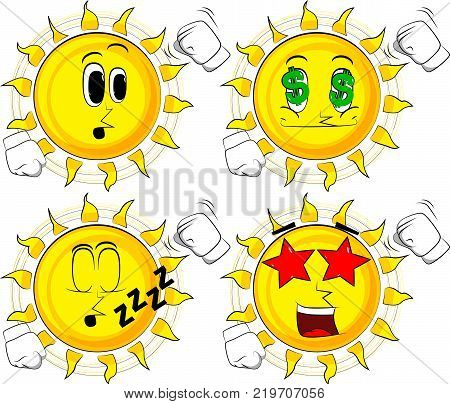 Cartoon sun threatening someone shakes his fist at viewer. Collection with various facial expressions. Vector set.