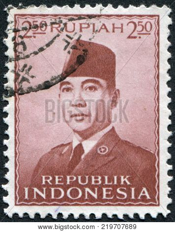 INDONESIA - CIRCA 1951: A stamp printed in the Indonesia shows the first president of Indonesia Sukarno circa 1951