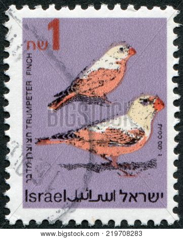 ISRAEL - CIRCA 1995: A stamp printed in the Israel portrayed Trumpeter Finch (Rhodopechys githaginea) circa 1995