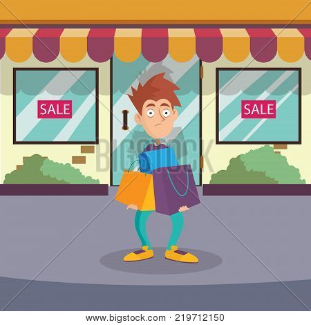 Young boy standing on street near entrance to store. Cartoon male character with shocked face expression with lots of shopping bags. Clearance sale. Boutique facade. Colorful flat vector illustration.