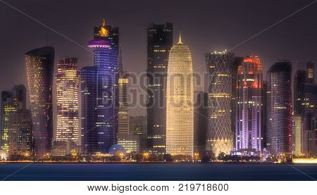 The skyline of West Bay and Doha City Center at night, Qatar