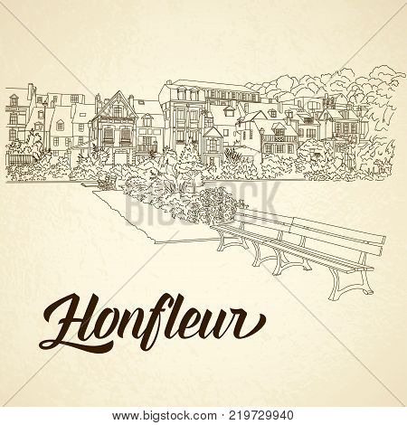 City Sketching On Vintage Background. Honfleur, France. Template For Business Card, Banner, Poster, 