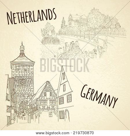 Set Ofcity Sketching On Vintage Background. Amsterdam, Netherlands. Rothenburg Ob Der Tauber, German