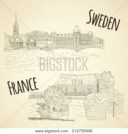 Set Of City Sketching On Vintage Background. Vernon, France. Stockholm, Sweden. Template For Busines