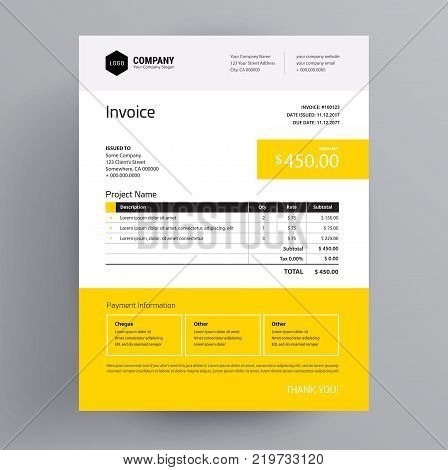 Invoice template design - in yellow color - us letter - company bill creative business template