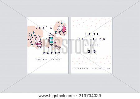 Set of birthday greeting cards and colorful party nvitation. Hand drawing celebrate and party symbol. Vector illustration
