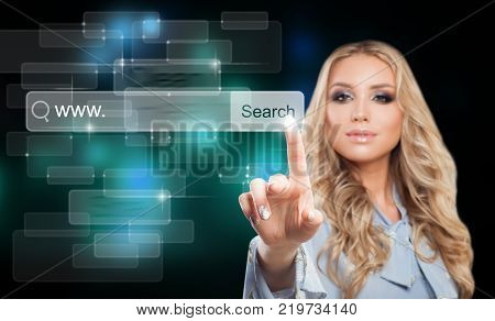 Internet Surfing Concept with Pointing Female Hand. Businesswoman Touching Virtual Web Browser Address Bar or Search Bar with Loupe Sign on Dark Background