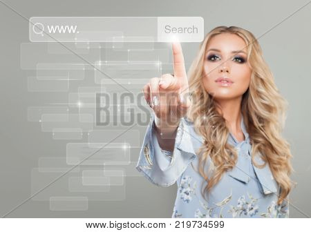 Internet Surfing and www Concept with Pointing Female Hand. Beautiful Blonde Woman with Virtual Display with Search Icon