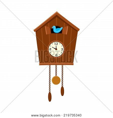 Traditional retro style cuckoo clock hanging on the wall, flat cartoon vector illustration on white background. Retro cuckoo clock hanging on the wall, interior decoration element