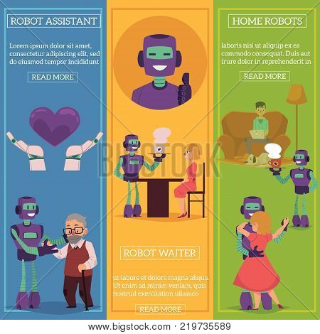 Vector robots, artificial intelligence in modern life infographic conseptual posters set. Robots assistants in medicine, waiters helping in restaurants and cafe, home robots helping with routine.