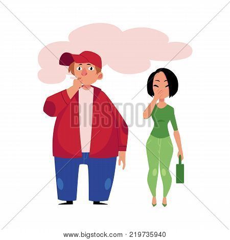 Young man smoking cigarette and woman coughing, covering mouth with hand, cartoon vector illustration isolated on white background. Portrait of plump man smoking cigarette, woman coughing from smoke