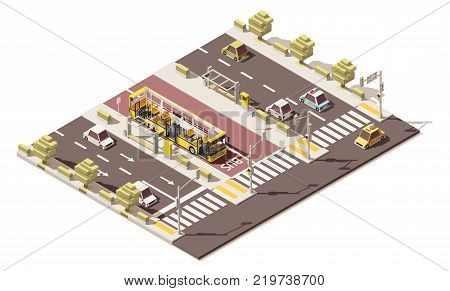 Vector isometric low poly yellow bus near the bus stop
