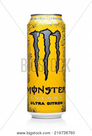 London, Uk - December 15, 2017: A Can Of Monster Energy Drink Ultra Citron On White. Introduced In 2