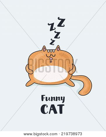 Vector cartoon funny illustration of sleepy fat funny red snoring cat. Isolated object on white background for your design, print or poster
