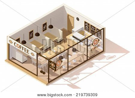 Vector isometric low poly coffee shop interior